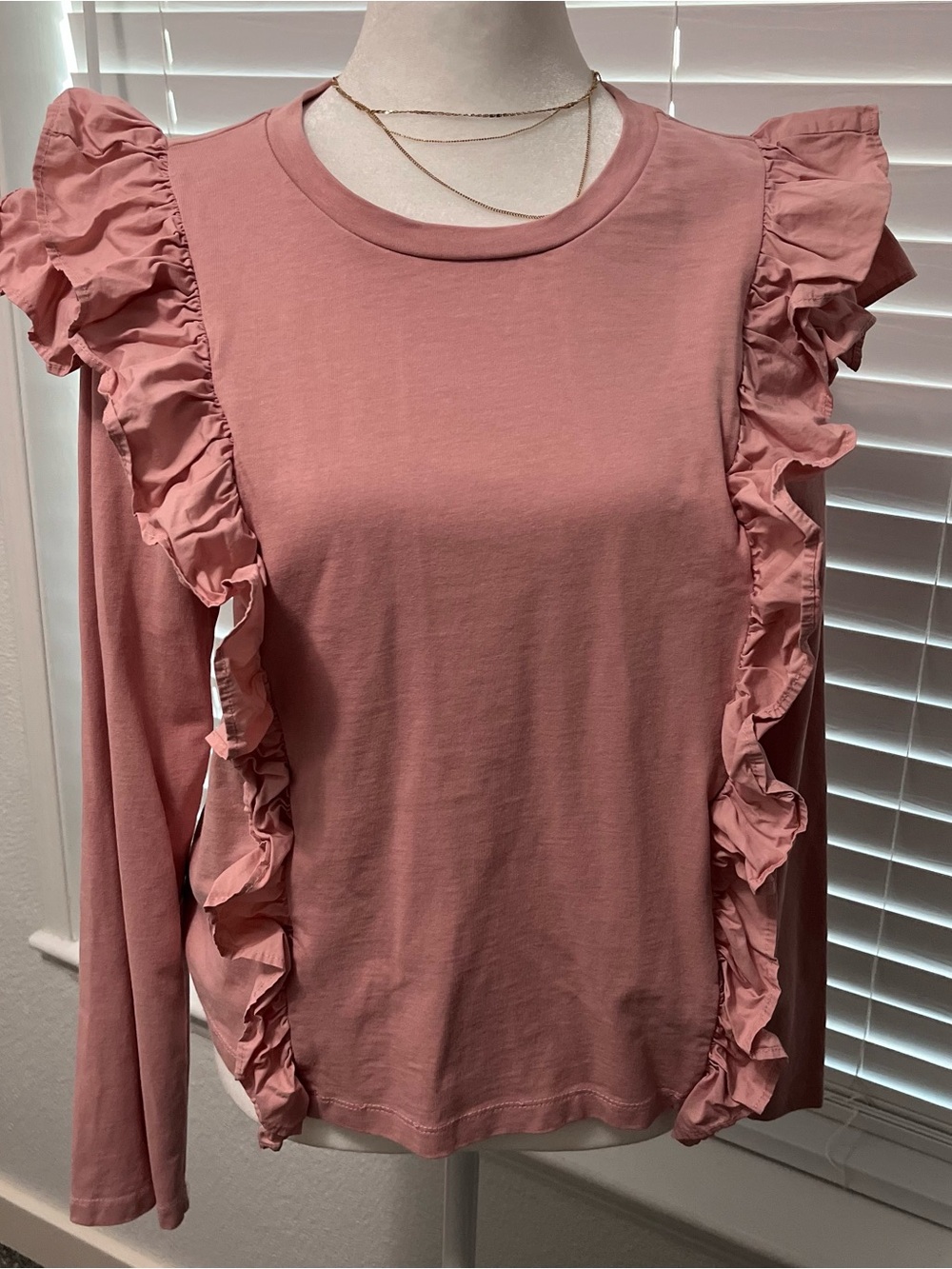 Anthropologie Dusty Rose Ruffle-Trim Long Sleeve Tee